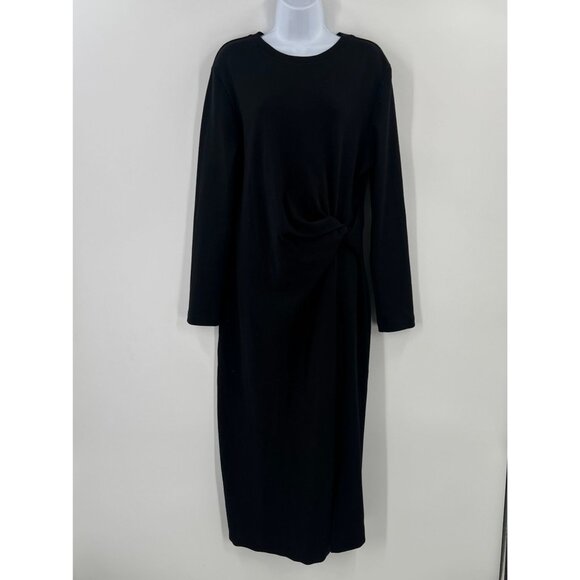 Tanya Taylor Blakely Dress 2X Black Knit Midi Maxi Long Sleeve Side Knot Ruched - Picture 1 of 9